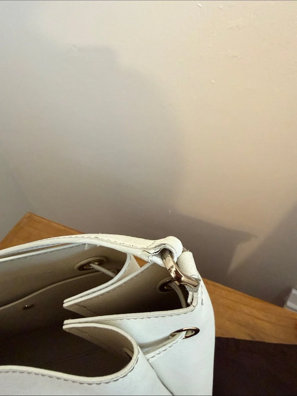 Vintage Kate Spade White Saffiano Leather Drawstring Bucket Crossbody Bag